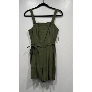 Old Navy Green Utility Romper Womens Size Medium Linen Blend Boho Pockets Tie